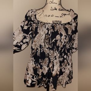 Indigo Rose Plus Size 2X Navy White Floral Off The Shoulder Blouse Smocked Top